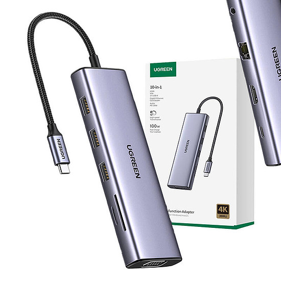 10 az 1-ben UGREEN CM498 USB-C adapter 3x USB-A 3.0, HDMI, VGA, RJ45, SD/TF, AUX 3,5 mm, PD (15601)