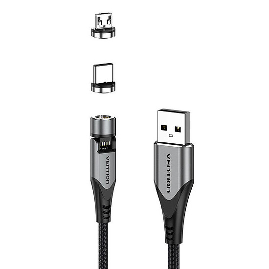 2 az 1-ben mágneskábel USB-USB-C/Micro-B USB Vention CQXHF 1m, szürke (CQXHF)