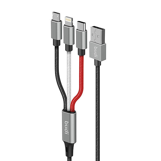 3 az 1-ben USB-Lightning / USB-C / Micro USB kábel Budi 2.4A, 1 m, fonott, fekete (DC203A8)