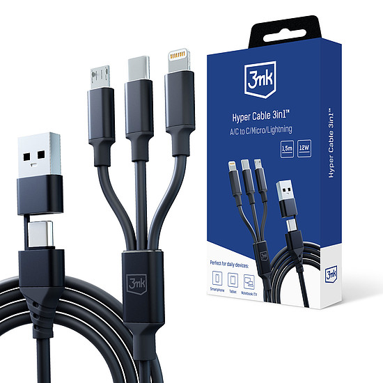 3mk Hyper kábel 3in1 USB-A - USB-C / USB-C - micro USB - Lightning 1.5m - fekete