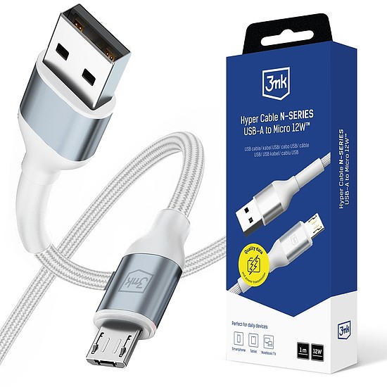 3mk Hyper kábel N-SZÉRIA USB-A / MicroUSB 1m 5V/2.4A 12W / fehér