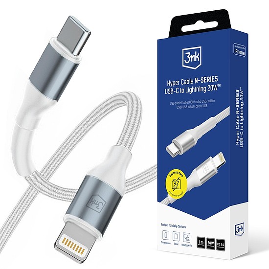 3mk Hyper kábel N-SZÉRIA USB-C / Lightning 1m 9V/2A 20W / fehér