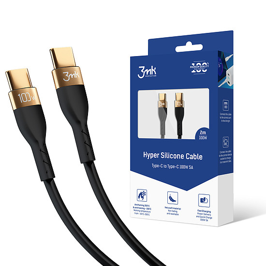 3mk Hyper Szilikon Kábel USB-C / USB-C 100W 2m - Fekete