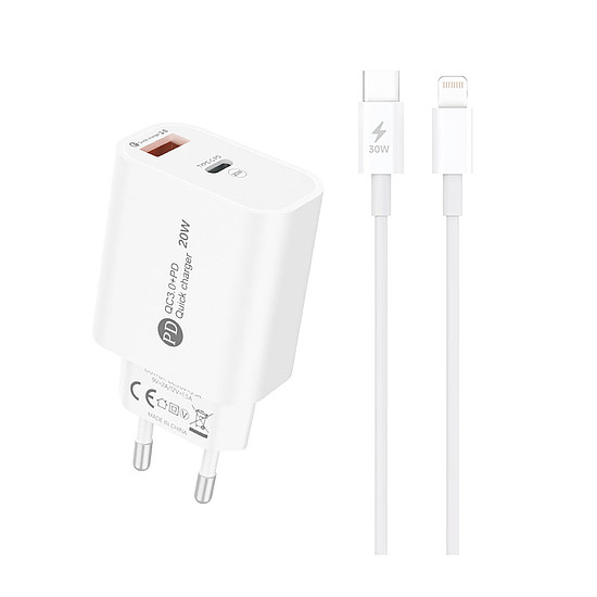 A6MaxL 20W USB-A USB-C fali töltő 1m USB-C - Lightning kábellel - Fehér