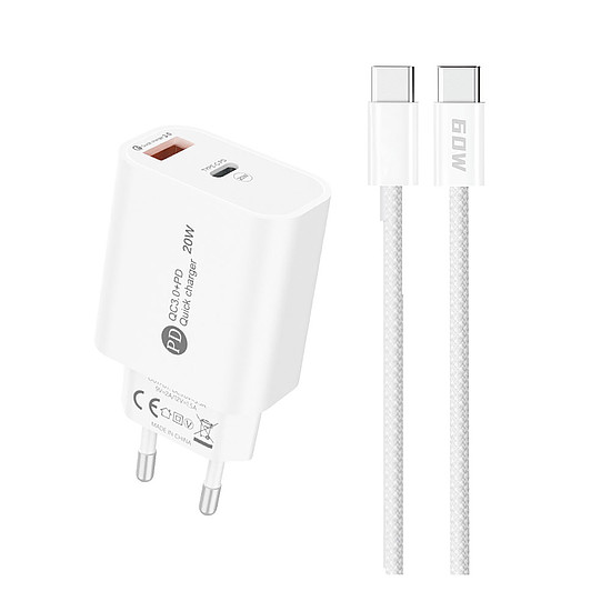 A6MaxL 20W USB-A USB-C fali töltő USB-C - USB-C 1m kábellel - fehér