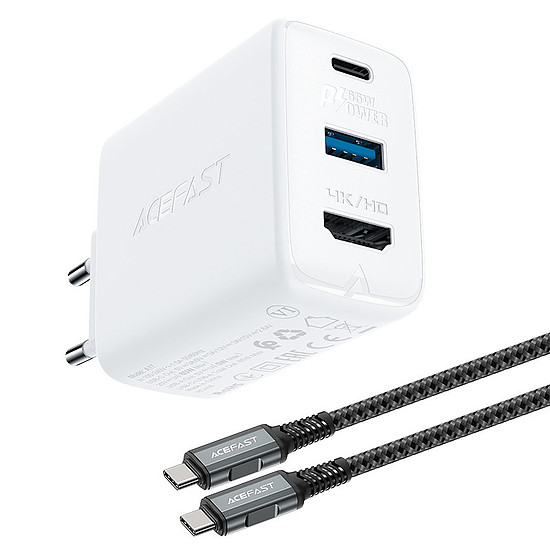 Acefast 2 az 1-ben töltő GaN 65W USB Type C / USB, adapter adapter HDMI 4K @ 60Hz (szett kábellel) fehér (A17 fehér)