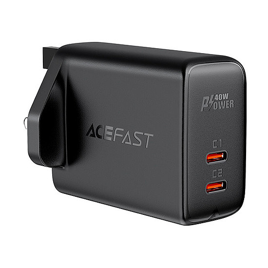 Acefast fali töltő (UK csatlakozó) 2x USB Type C 40W, PPS, PD, QC 3.0, AFC, FCP fekete (A12 fekete)