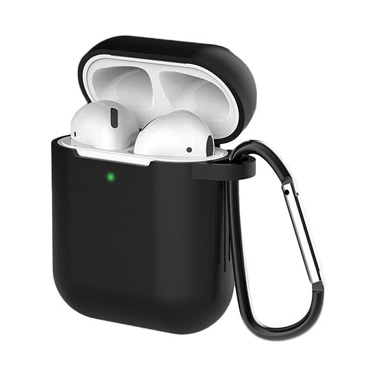 AirPods 2 tok / AirPods 1 szilikon puha huzat fejhallgatóhoz + kulcstartó karabiner függő fekete (D tok)