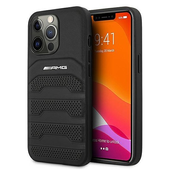 AMG AMHCP13LGSEBK iPhone 13 Pro / 13 6.1" black/fekete keménytok, bőr dombornyomott vonalak