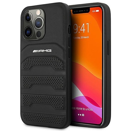 AMG AMHCP14LGSEBK iPhone 14 Pro 6.1" fekete/fekete keménytokos bőr dombornyomott vonalak