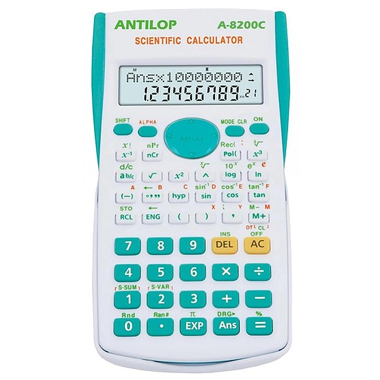 Antilop A-8200C színes számológép tudományos 10 + 2 számjegy 240 funkció fehér kék gombokkal