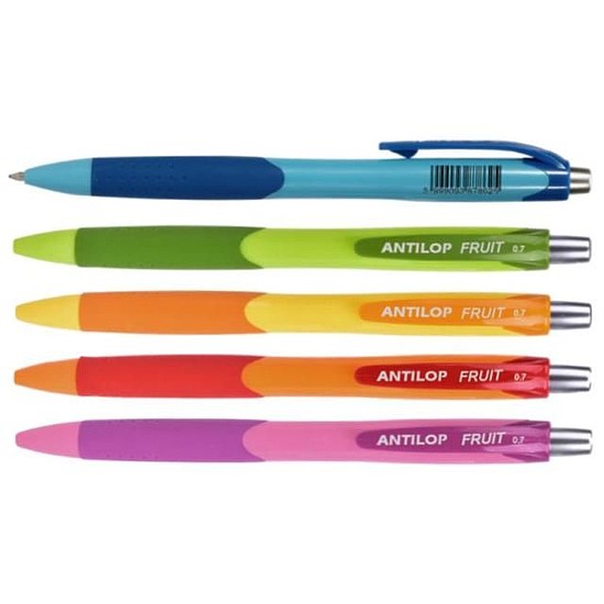 Antilop Fruit olajselés, nyomógombos golyóstoll kék tintával, vegyes test színnel.