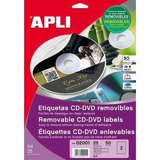 Apli 02001 univerzális CD DVD címke eltávolítható matt fehér külső átmérő 114mm belső átmérő 41mm 25ív/csomag
