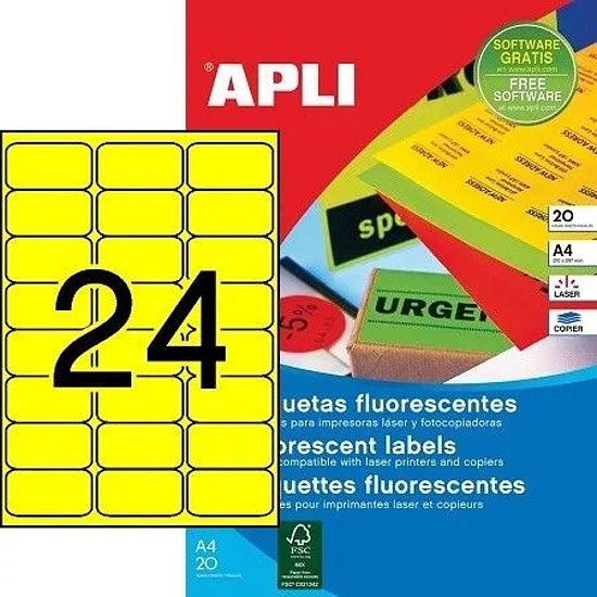 Apli 02870 64x33,9mm 3 pályás lézer etikett kerekített sarkú neon sárga 24 címke/ív 20ív/csomag