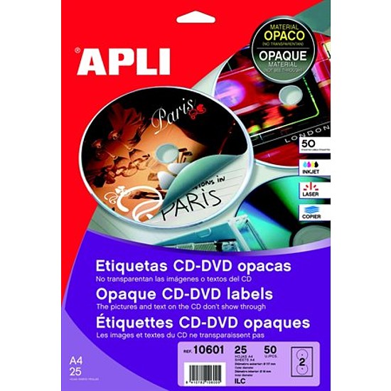 Apli 10808/10601 univerzális CD DVD címke teljes lefedettségű matt fehér külső átmérő 117mm belső átmérő 18mm 25ív/csomag