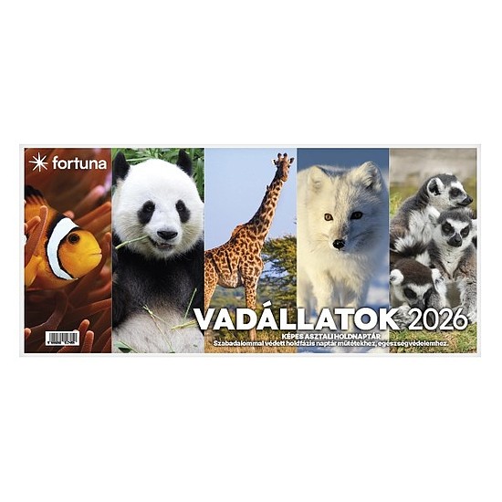 Asztali naptár 2026 képes FORTUNA Vadállatok álló fehér lapos holdfázissal naptárháttal