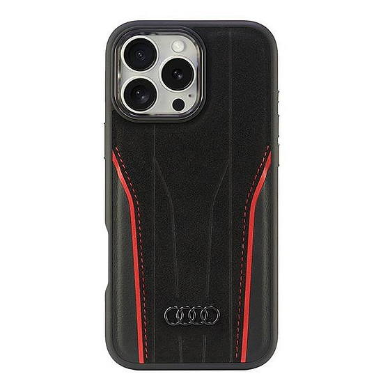 Audi valódi bőr MagSafe iPhone 16 Pro Max 6.9" fekete-piros keménytok AU-TPUPCMIP16PM-R8/D3-RD