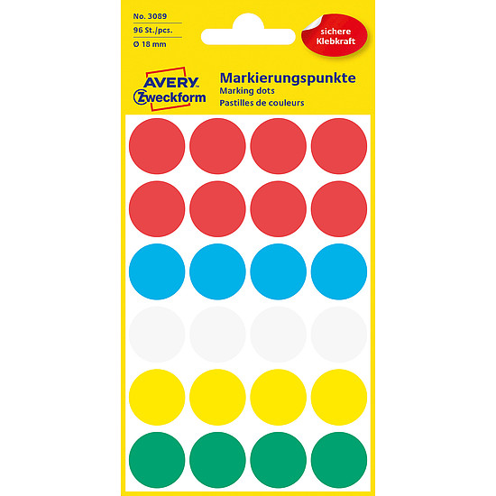 Avery-Zweckform 3089 18mm kör etikett kézzel írható vegyes (piros + kék + fehér + sárga + zöld) 24 címke/ív 4ív/csomag
