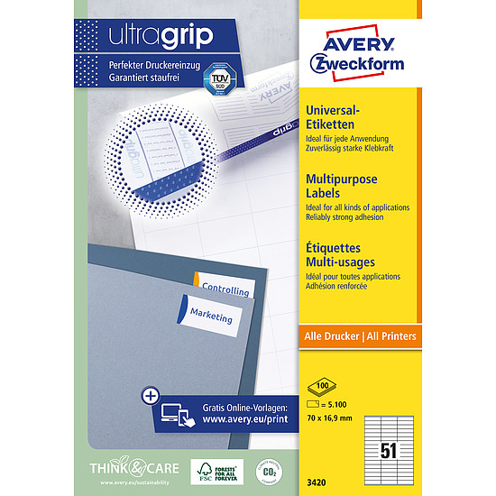 Avery-Zweckform 3420 70x16,9mm 3 pályás univerzális etikett 51 címke/ív 100ív/doboz