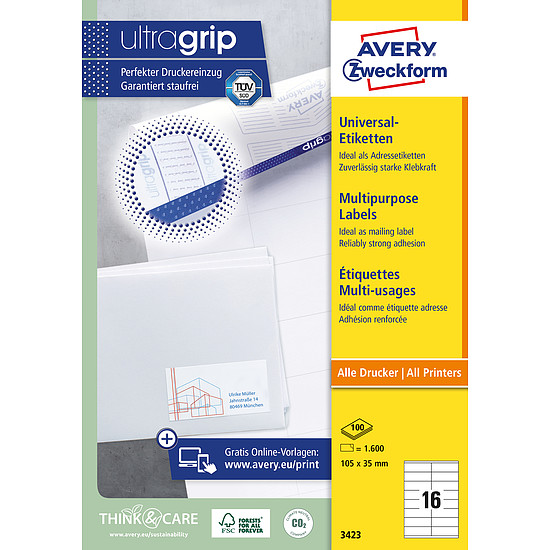 Avery-Zweckform 3423 105x35mm 2 pályás univerzális etikett 16 címke/ív 100ív/doboz