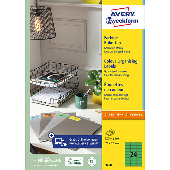 Avery-Zweckform 3450 70x37mm 3 pályás univerzális etikett zöld 24 címke/ív 100ív/doboz