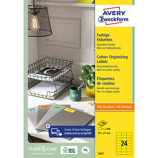 Avery-Zweckform 3451 70x37mm 3 pályás univerzális etikett sárga 24 címke/ív 100ív/doboz