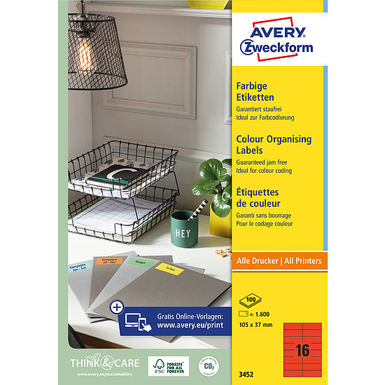 Avery-Zweckform 3452 105x37mm 2 pályás univerzális etikett piros 16 címke/ív 100ív/doboz