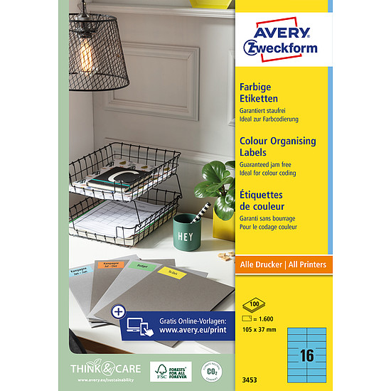 Avery-Zweckform 3453 105x37mm 2 pályás univerzális etikett kék 16 címke/ív 100ív/doboz