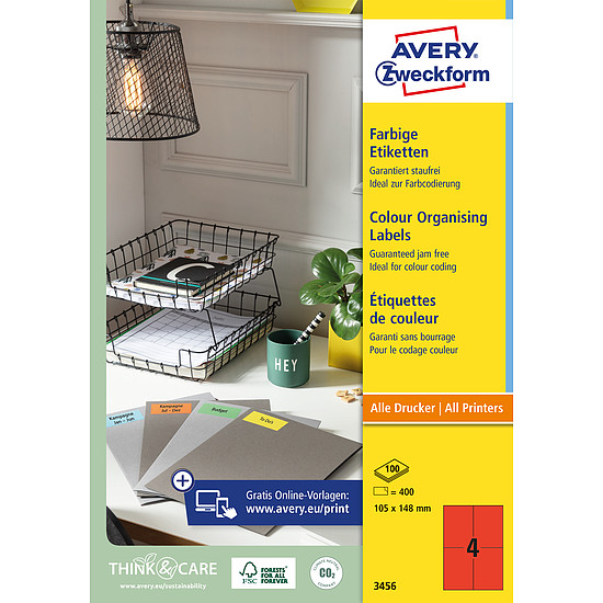 Avery-Zweckform 3456 105x148mm 2 pályás univerzális etikett piros 4 címke/ív 100ív/doboz