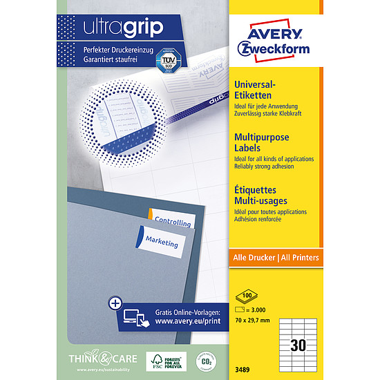 Avery-Zweckform 3489 70x29,7mm 3 pályás univerzális etikett 30 címke/ív 100ív/doboz