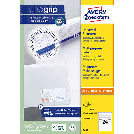 Avery-Zweckform 3658 64,6x33,8mm 3 pályás univerzális etikett 24 címke/ív 100ív/doboz
