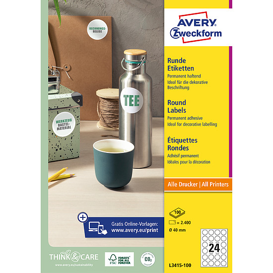 Avery-Zweckform L3415-100 40mm univerzális kör etikett címke 24 címke/ív 100ív/doboz