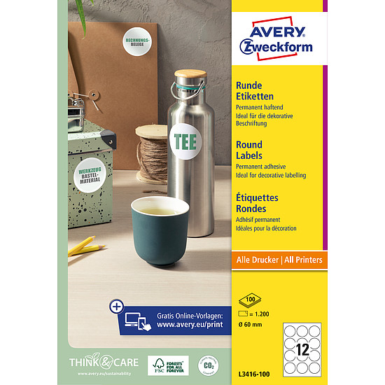 Avery-Zweckform L3416-100 60mm univerzális kör etikett címke 12 címke/ív 100ív/doboz 