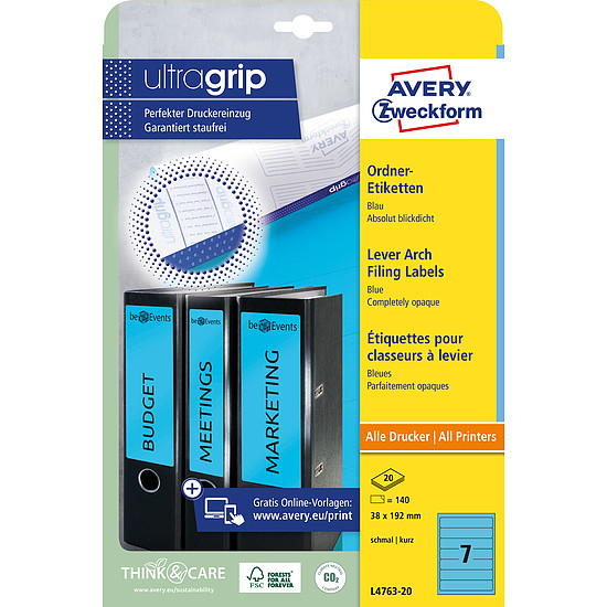 Avery-Zweckform L4763-20 38x192mm 1 pályás univerzális etikett iratrendezőhöz kerekített sarkú kék 7 címke/ív 20ív/csomag