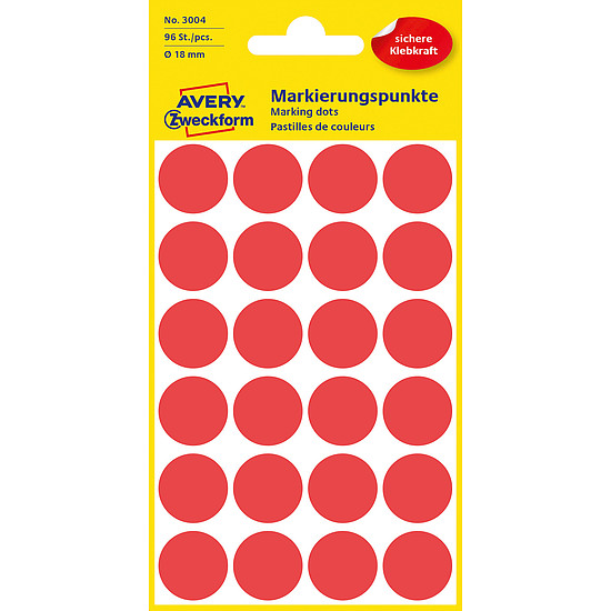 Avery-Zweckform No. 3004 18mm kézzel írható kör etikett címke piros 96 címke/csomag