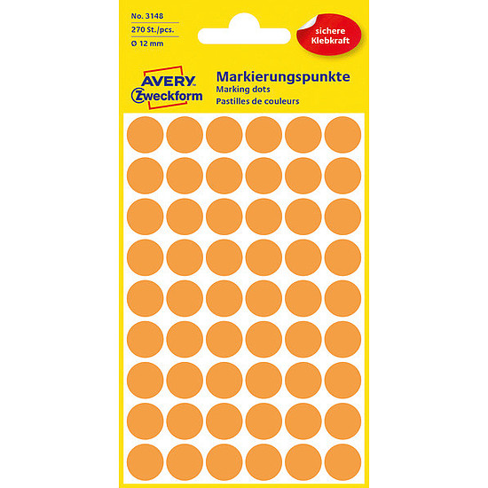 Avery-Zweckform No. 3148 12mm kézzel írható kör etikett címke neon narancssárga 270 címke/csomag