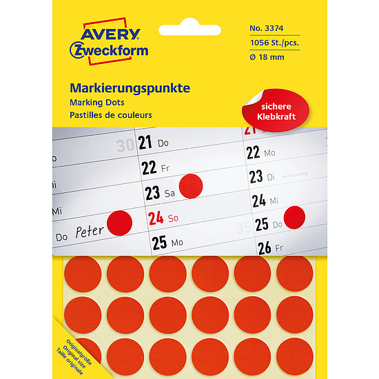 Avery-Zweckform No. 3374 18mm kézzel írható kör etikett címke piros 1056 címke/csomag