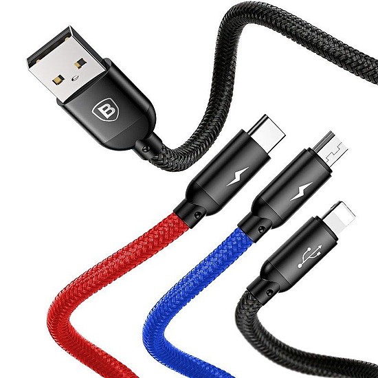 Baseus 3 az 1-ben USB-C / Lightning / Micro 3A 1,2 m-es USB-kábel, fekete (CAMLT-BSY01)