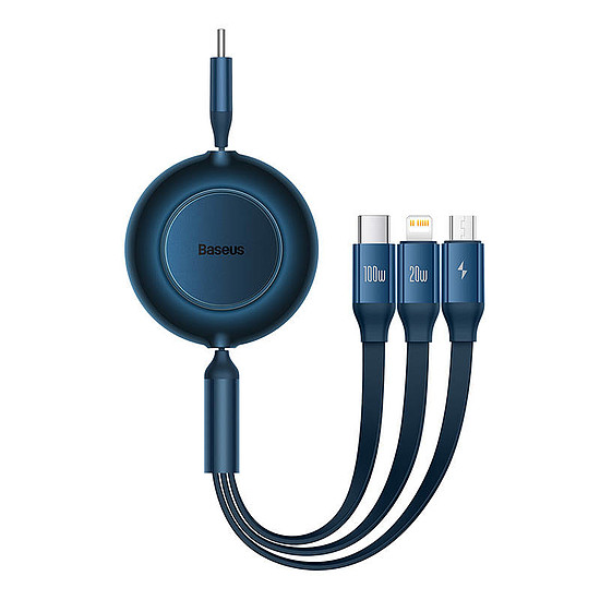 Baseus Bright Mirror 4, 3 az 1-ben USB-C kábel, Mikro USB / Lightning / USB-C, 100W, 3.5A, 1.1 m kék (CAMJ010203)