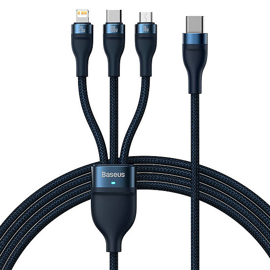Baseus Flash Series 2, 3 az 1-ben USB kábel, USB-C / micro USB / Lightning, 100W, 1.5m kék (CASS030203)