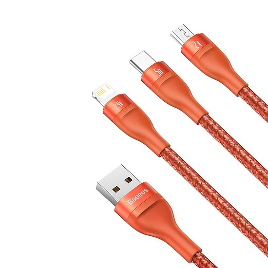 Baseus Flash Series 3 az 1-ben USB-kábel, USB-C + mikro USB + Lightning, 40 W, 5 A, 1,2 m, narancs (CA1T3-07)
