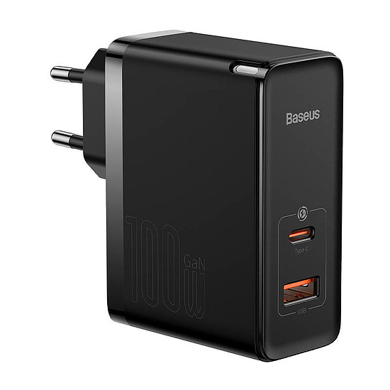 Baseus GaN USB-C + USB fali töltő, 100W + 1m kábel, fekete (CCGP090201)