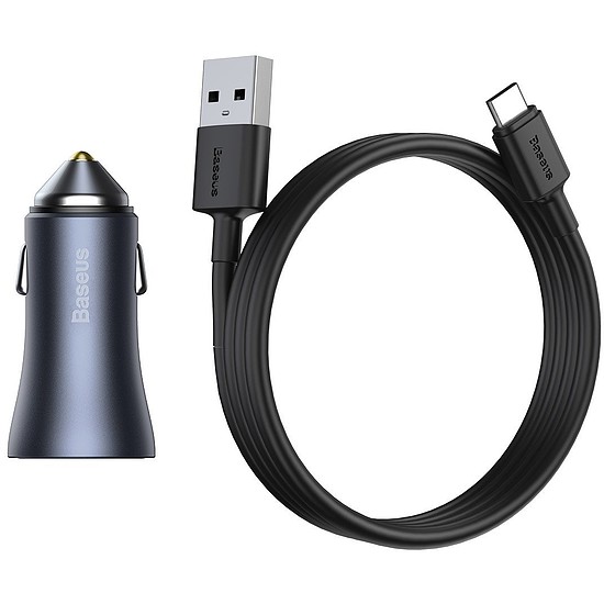 Baseus Golden Contactor Pro autós töltő, 2x USB, QC, SCP, 40W, szürke + USB-USB-C kábel 1 m, fekete (TZCCJD-A0G)