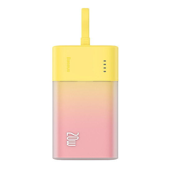 Baseus Popsicle 5200mAh 20W-os külső akkumulátor beépített Lightning kábellel (+ fehér Baseus Simple USB-C - USB-C 60W/20V/3A/30cm kábel) - sárga-rózsaszín