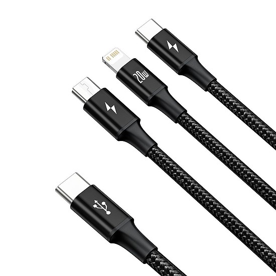 Baseus Rapid Series USB-C 3 az 1-ben kábel, mikro USB / Lightning / USB-C, 20 W, 1,5 m, fekete (CAMLT-SC01)