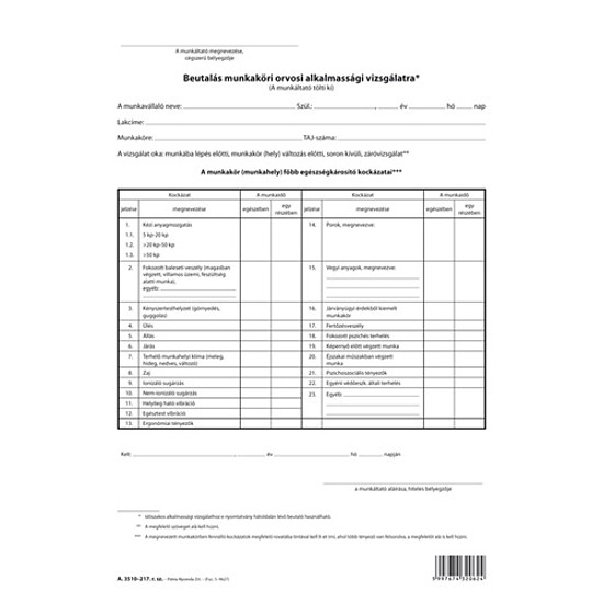 Beutaló munkaköri alkalmassági vizsgálatra szabadlap A4 fekvő A.3510-217