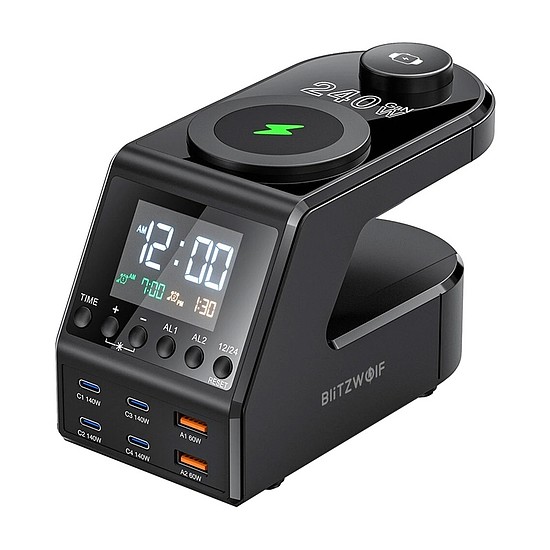 Blitzwolf BW-FW10 ébresztőóra töltővel 2xUSB-A, 4xUSB-C, 240W