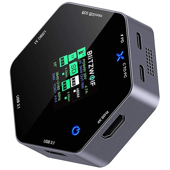 BlitzWolf BW-TH16 8 az 1-ben USB HUB és dokkoló intelligens kijelzővel, 100W, LCD