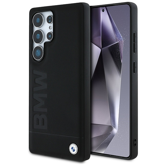 BMW bőr nagy feliratos tok Samsung Galaxy S25 Ultra készülékhez, fekete
