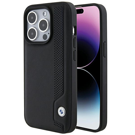 BMW bőrtok kék pöttyös iPhone 15 Pro-hoz - fekete